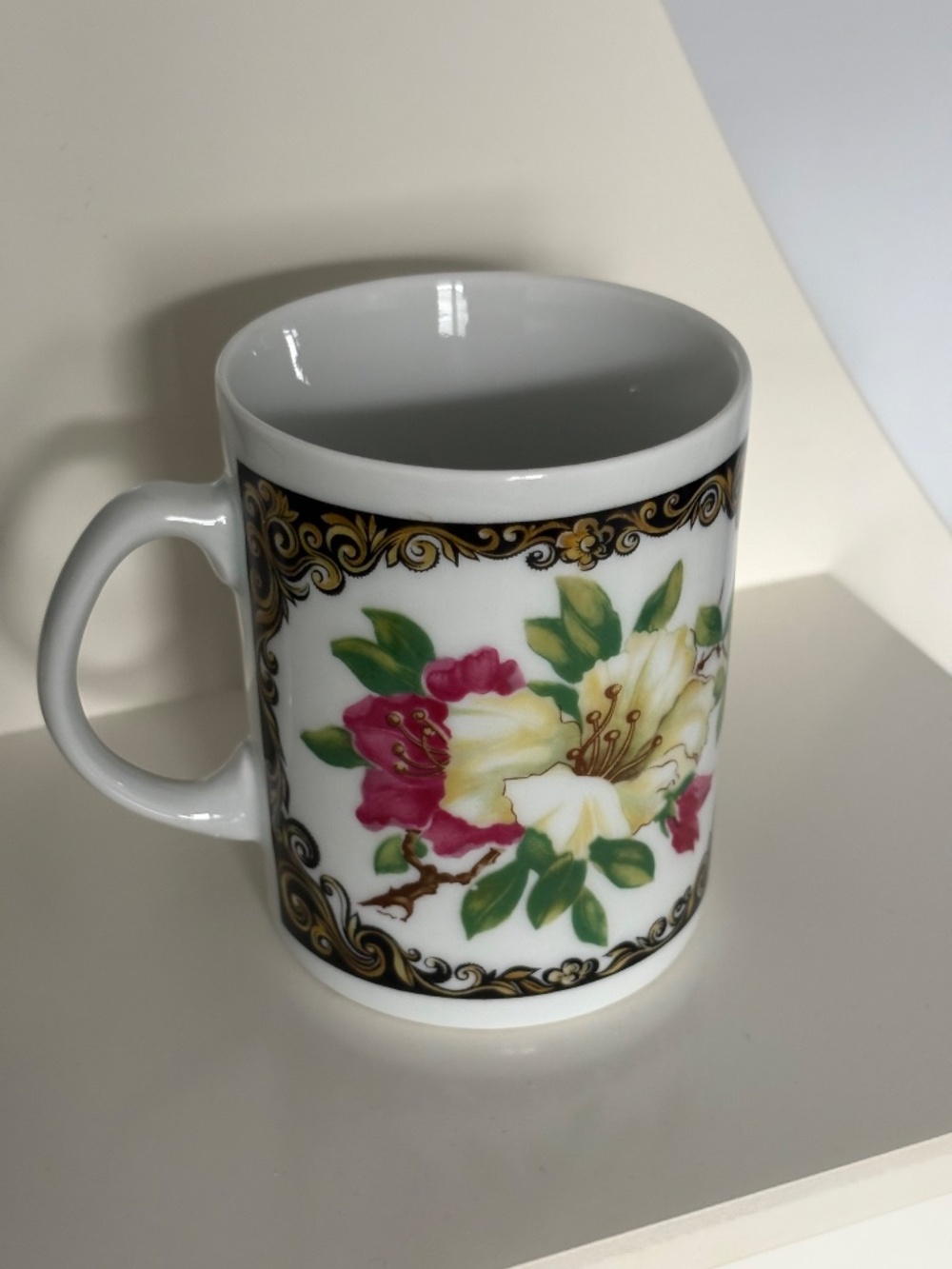 Vintage Karolina Poland Fine Porcelain Floral Coffee Mug Gold Baroque 476
